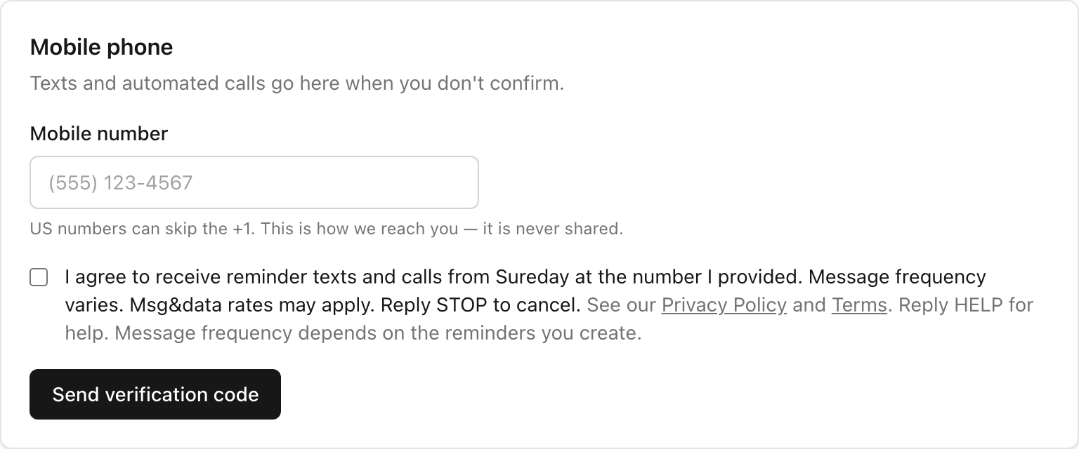 The Sureday consent step: a mobile number field and an unchecked checkbox reading the consent text above, with links to the Privacy Policy and Terms.